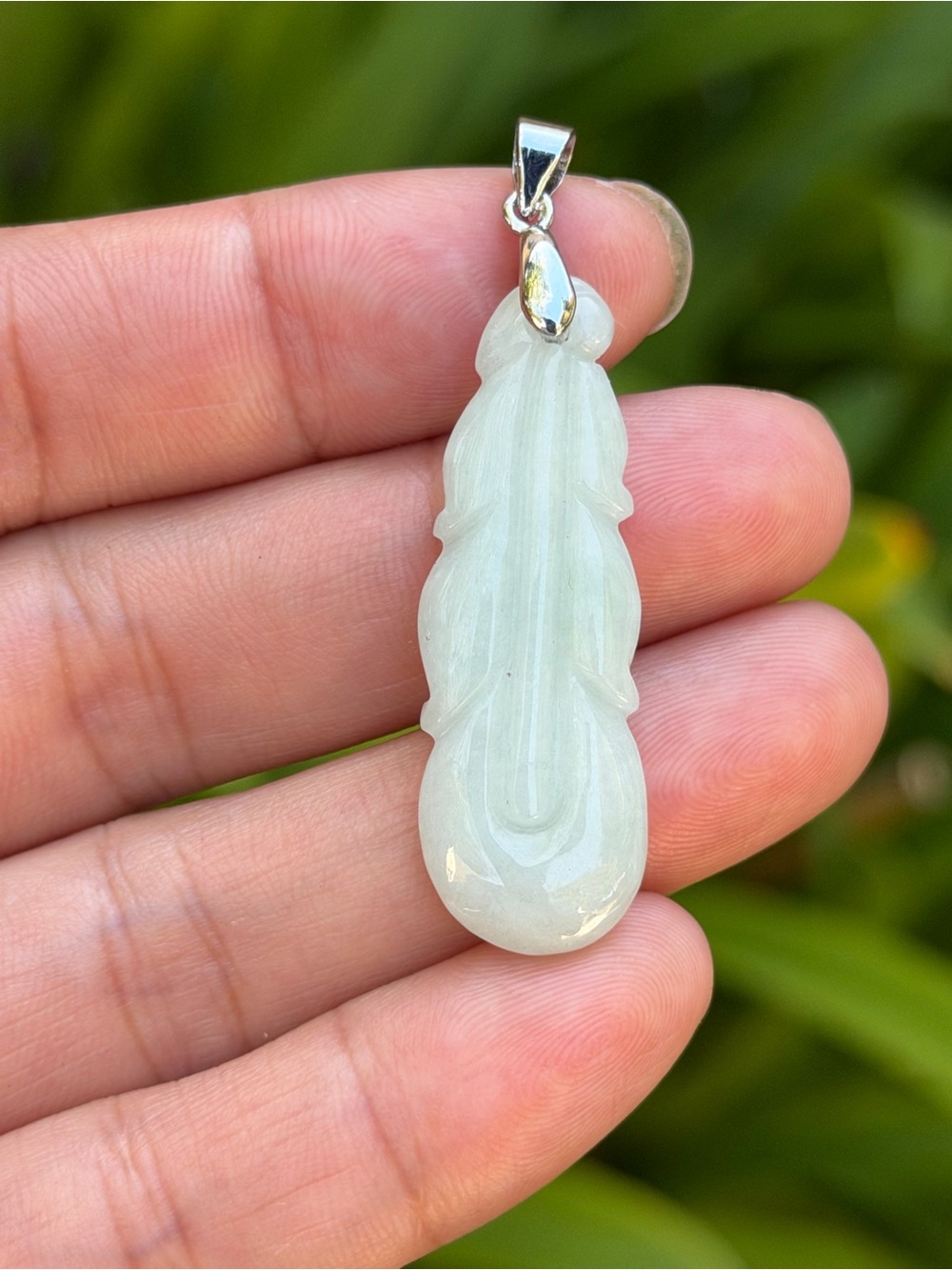 Jade Feather Pendant Necklace - Pale Green Carved Stone Palo